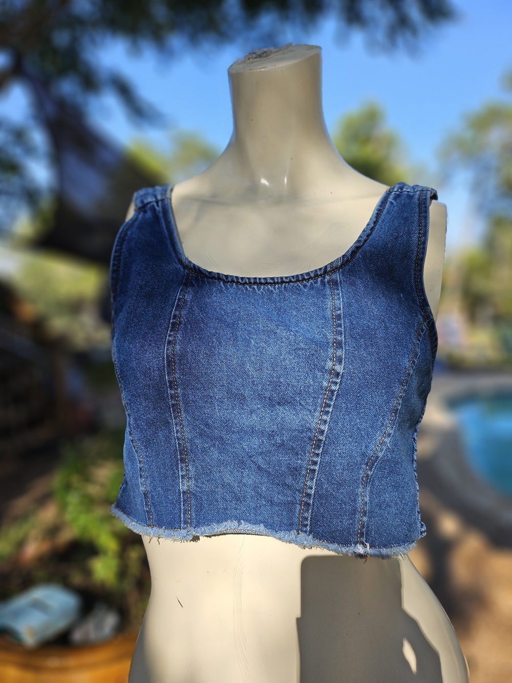 Lonestar Blue Denim Cotton Jean Smocked Back Cropped Shirt Small